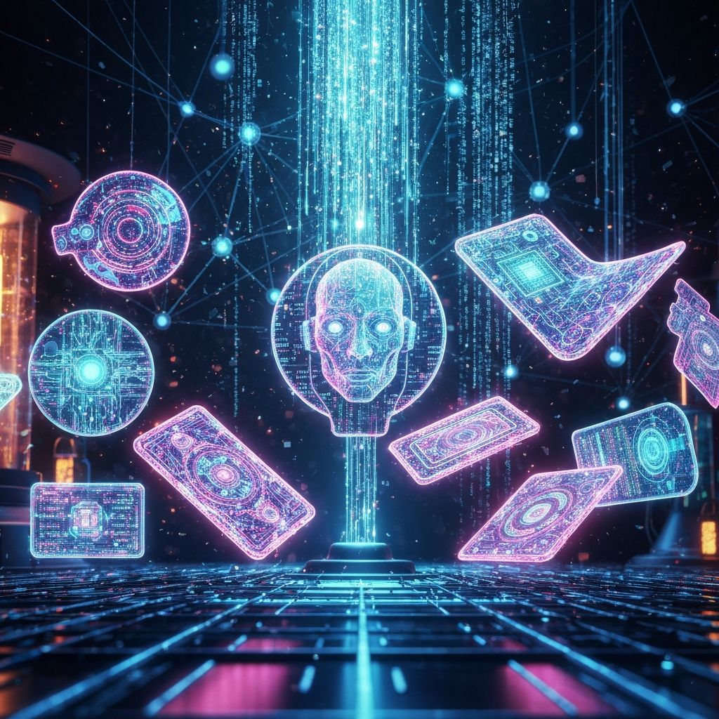 Futuristic visualization of AI neural network generating colorful digital stickers