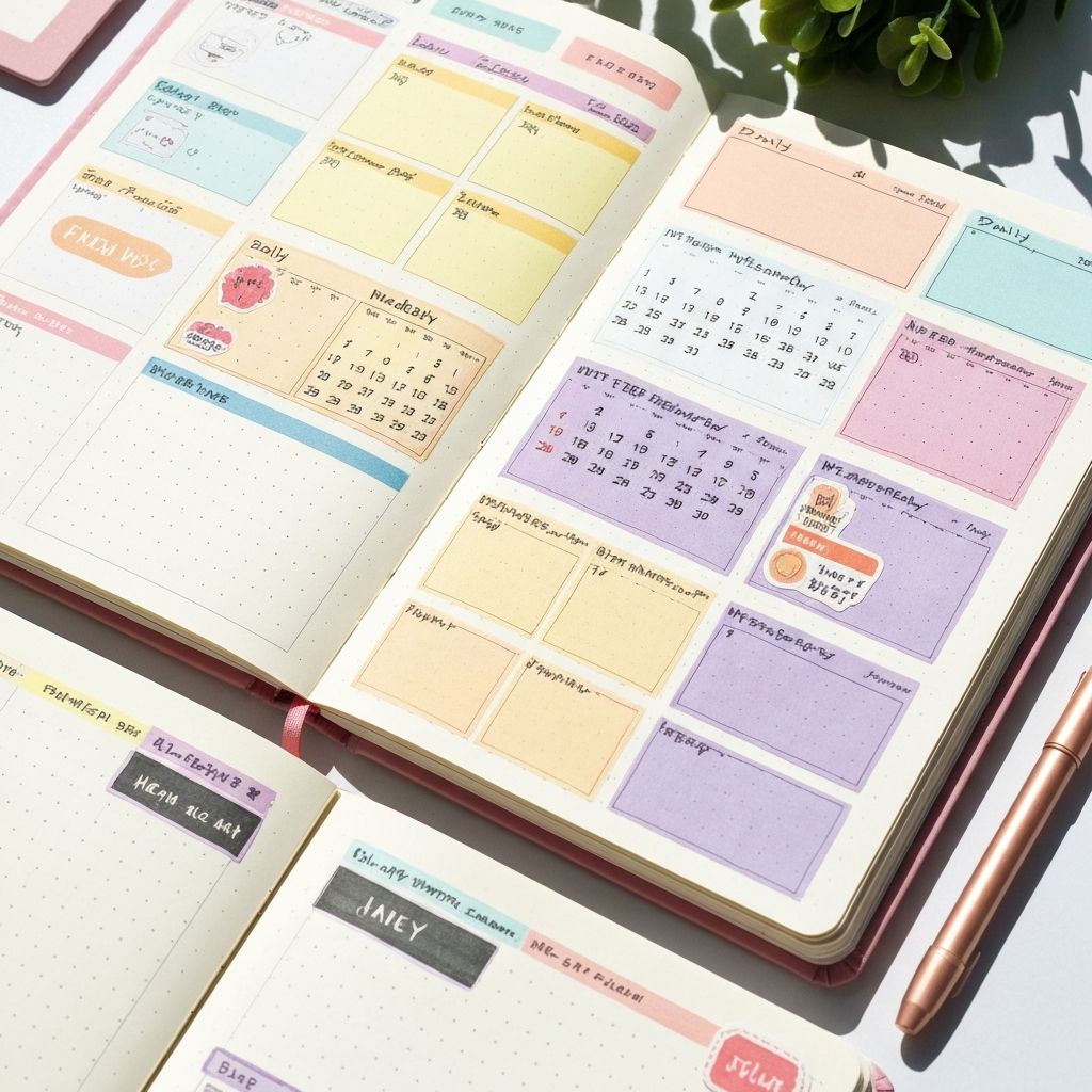 Colorful bullet journal spread with various digital stickers for planning and organization