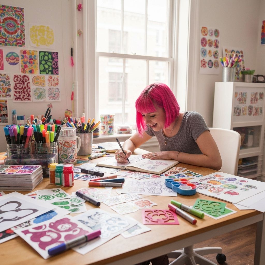 Creative workspace showing custom sticker design process with colorful examples