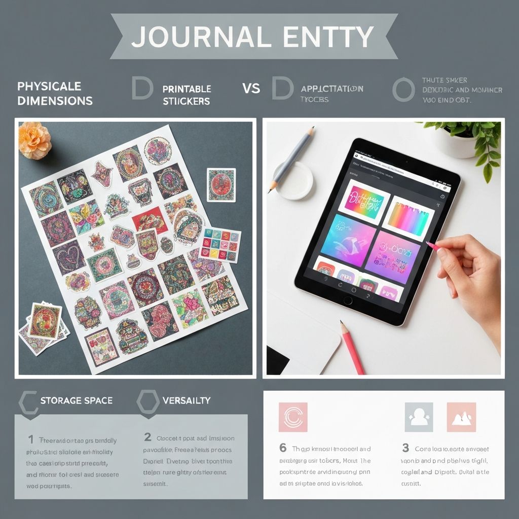 Side by side comparison of printable stickers on paper journal and digital stickers on iPad